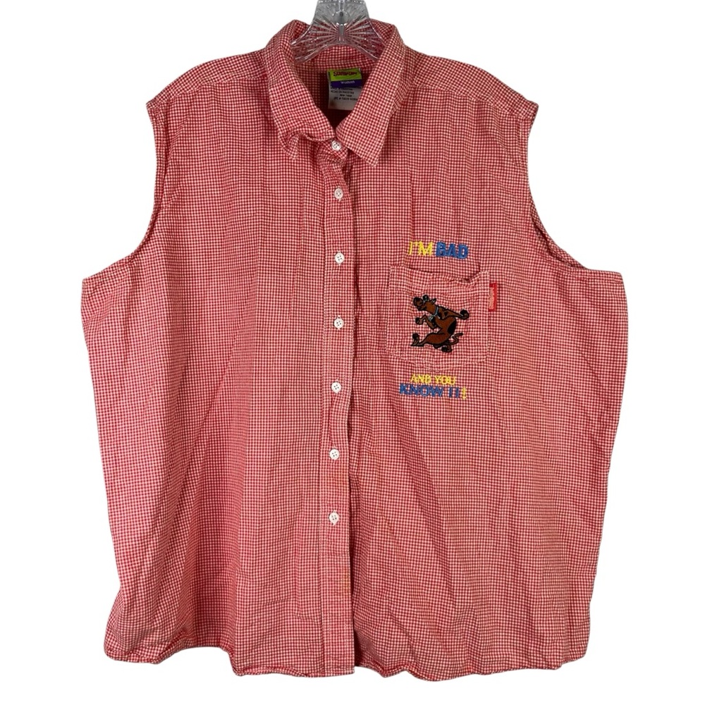 Scooby Doo Shirt Women's 26/28W Red White Plaid Button Down Sleeveless Cotton - Picture 1 of 13